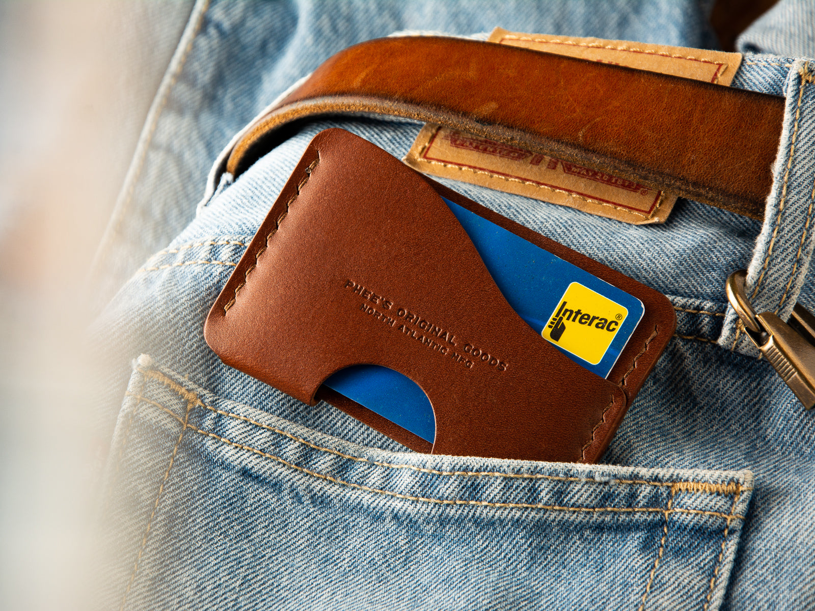 Aberdeen Leather Card Wallet - Brown Leather - Laying on a pair of Levi's denims
