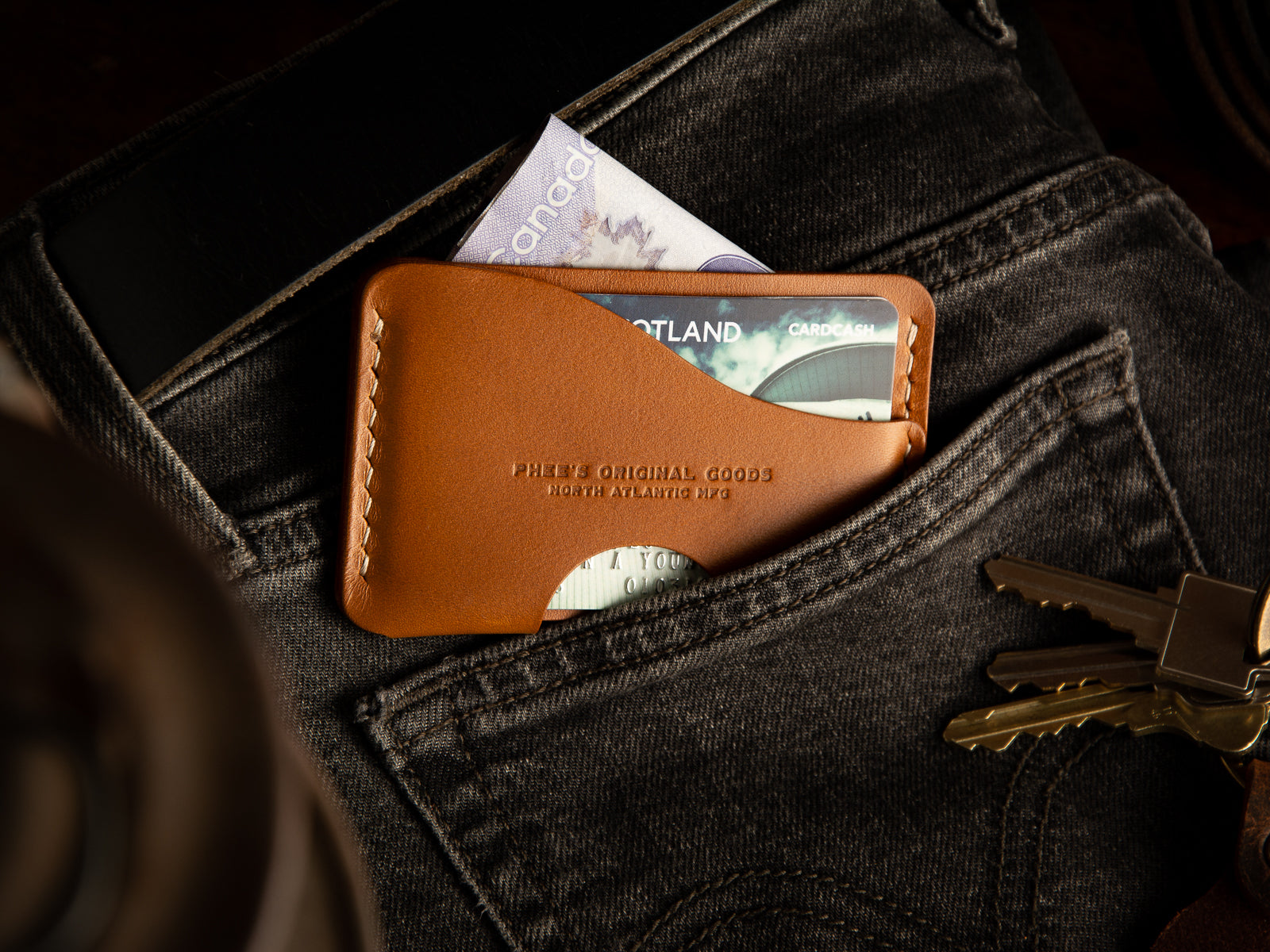 Aberdeen Leather Card Wallet - Brown Leather - Laying on a pair of Levi's denims