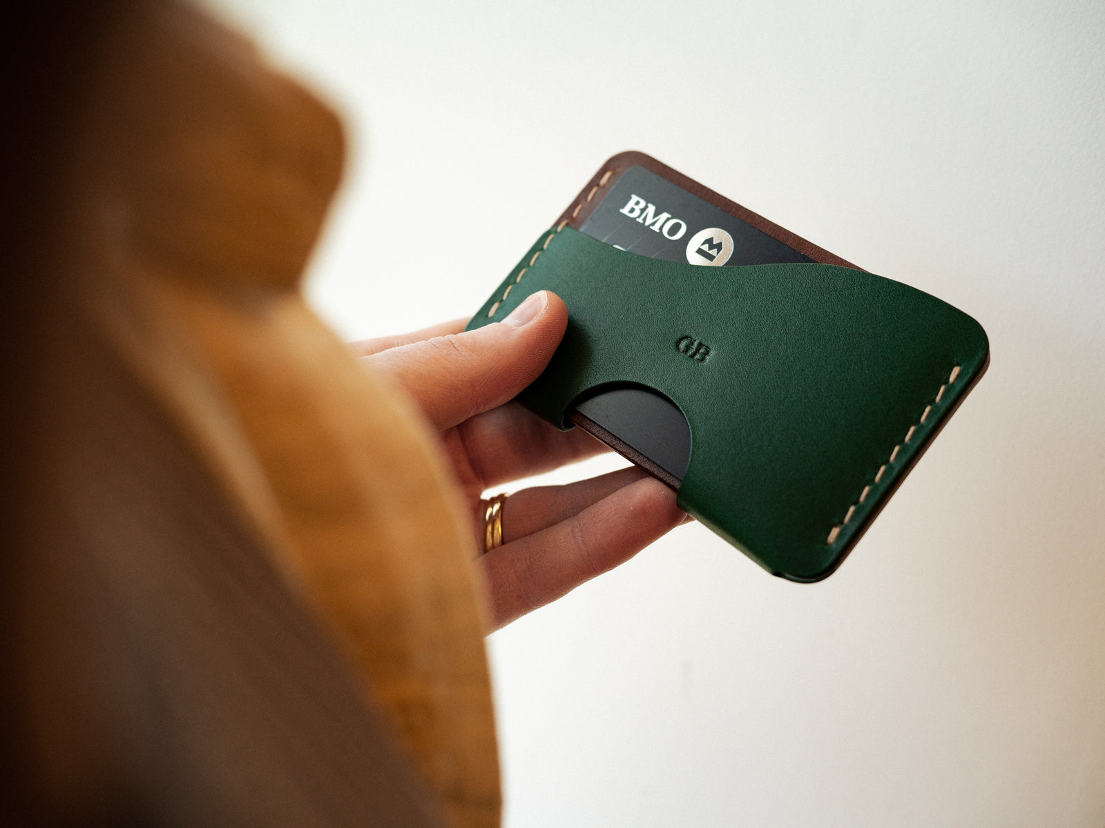 Build you own custom aberdeen leather wallet in pine and brown leather with taupe stitching and personalization