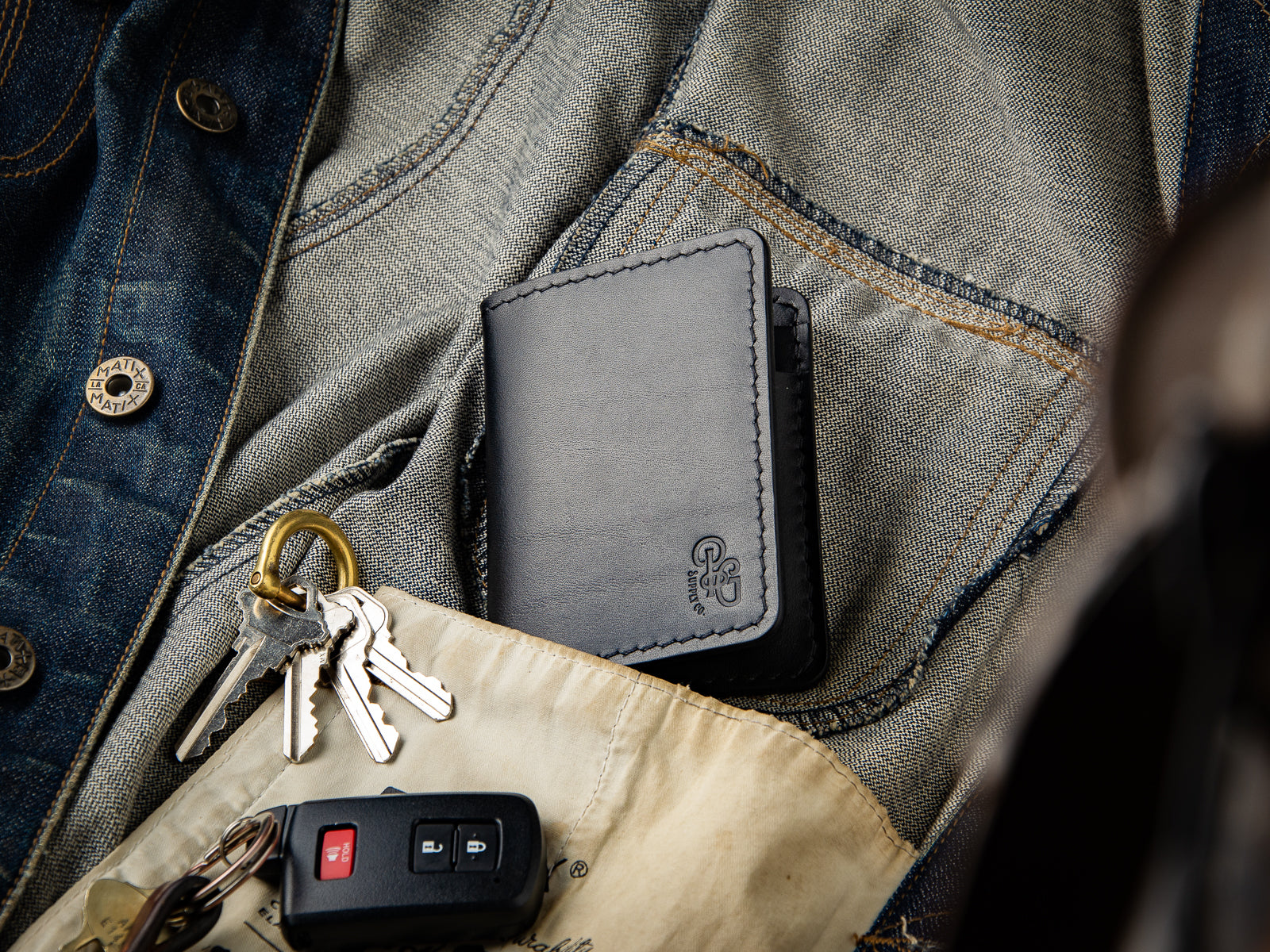 Barra slim bifold wallet in black veg-tan sitting on a denim jacket