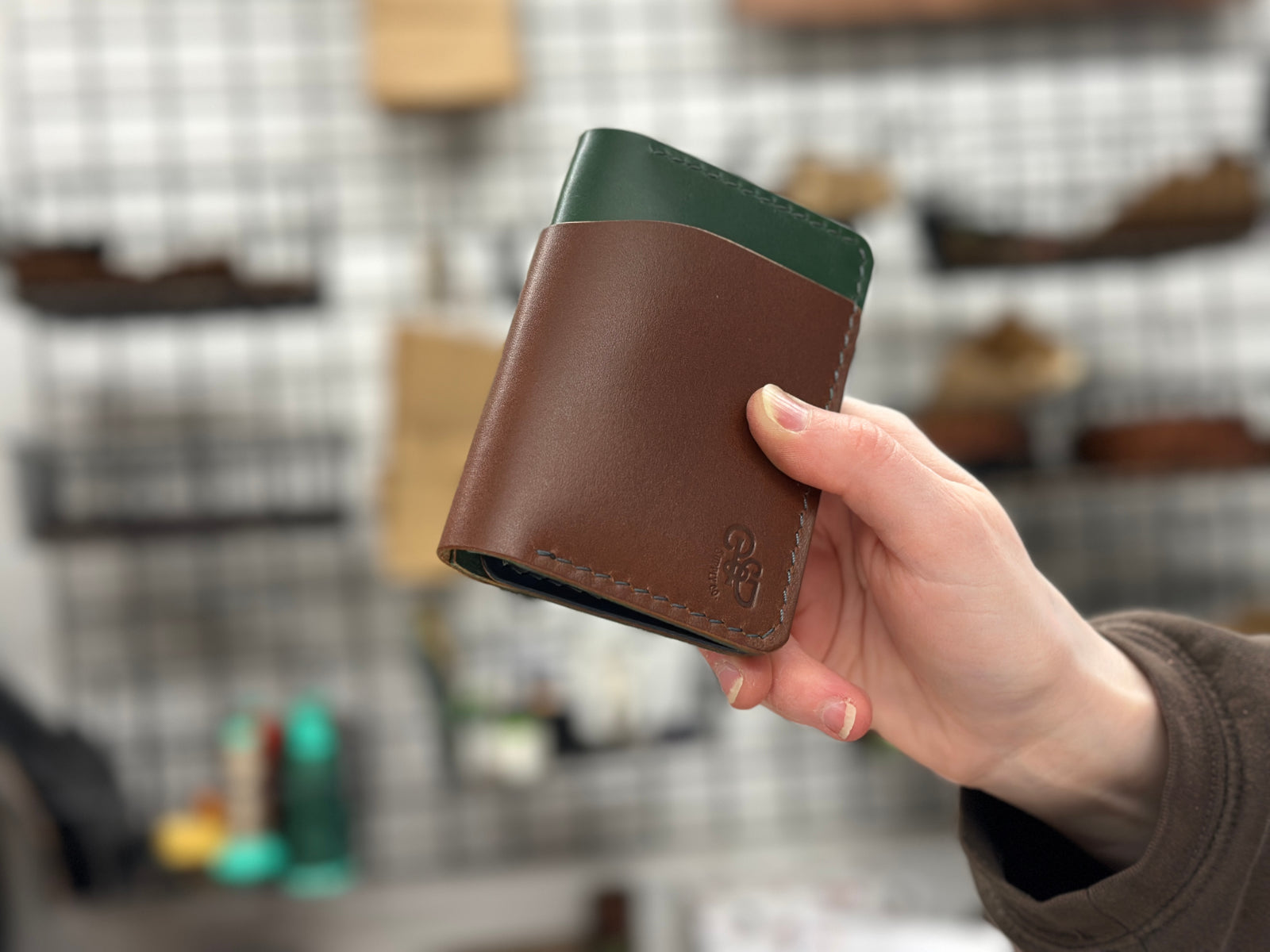 Build your own custom leather bateston wallet in brown and pine