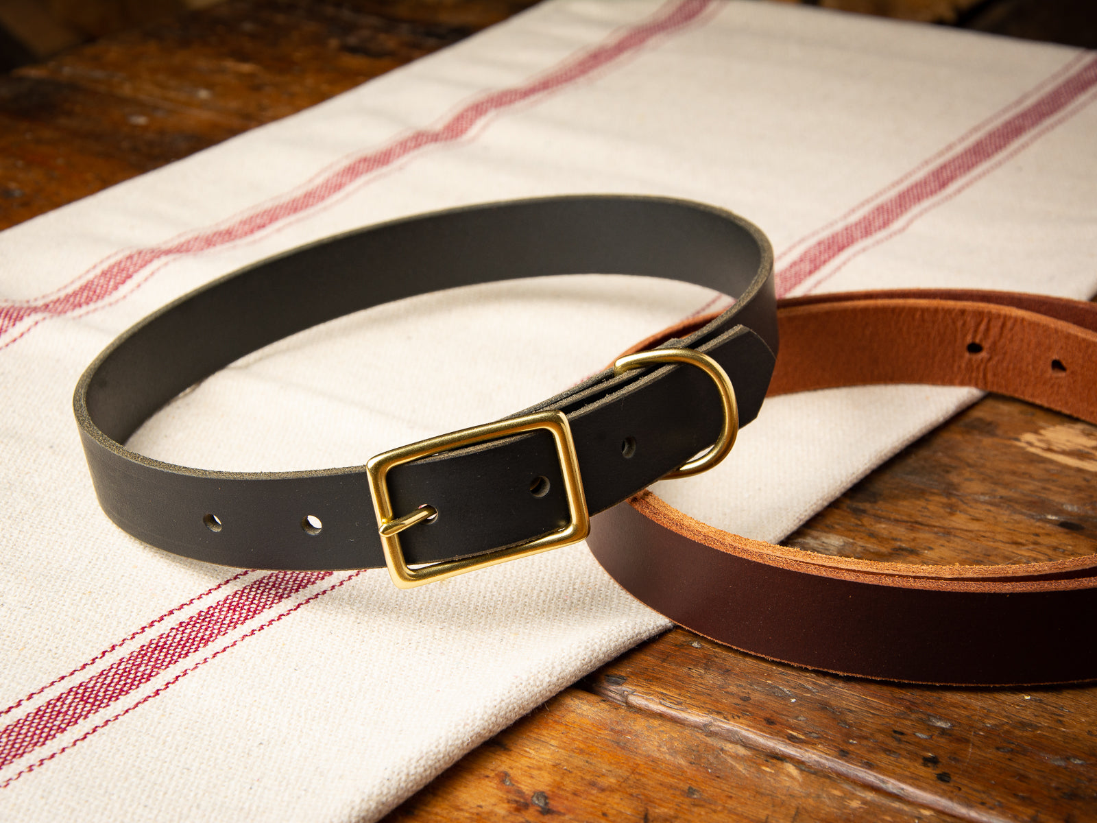 Black water buffalo leather dog collar with brass hardware