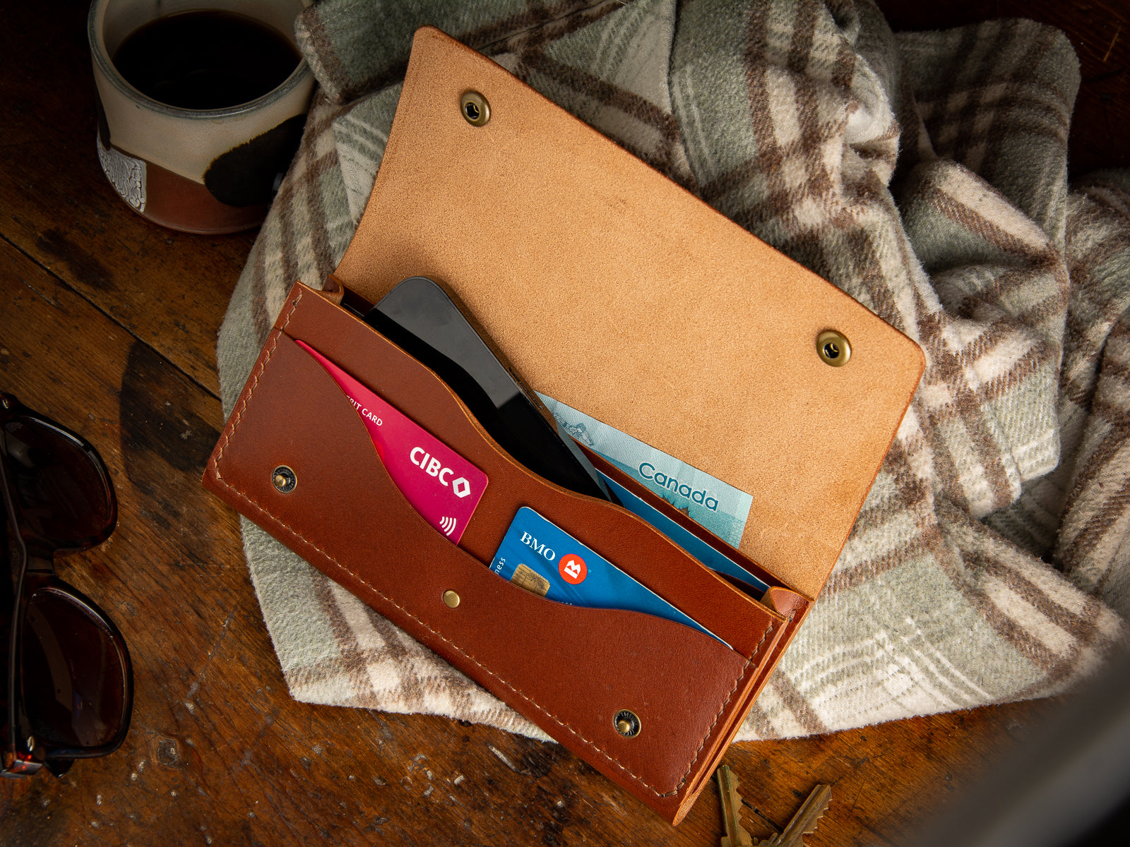 Glendale clutch wallet with optional wrist strap in brown full grain leather