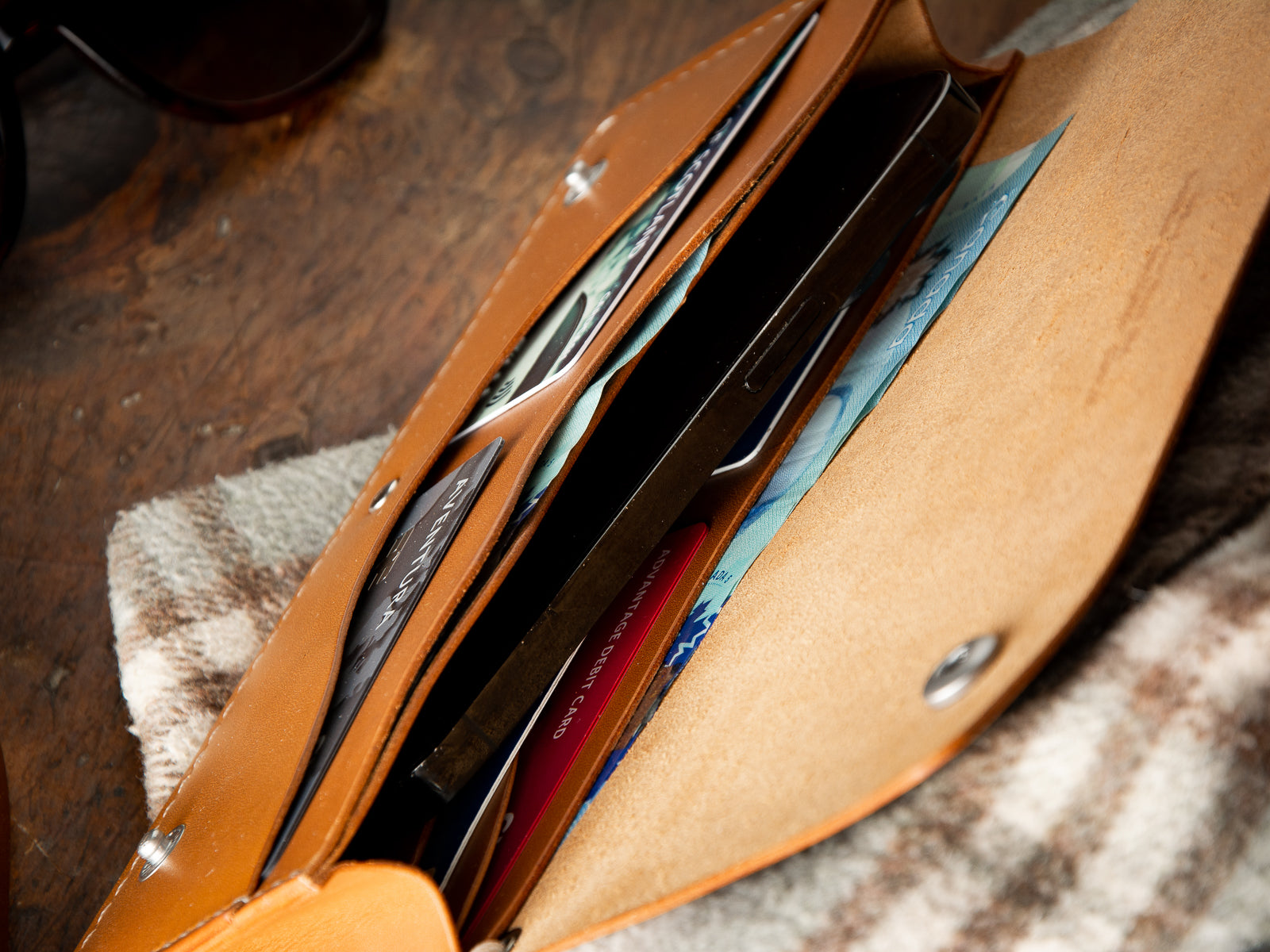 Glendale clutch wallet with optional wrist strap in tan full grain leather