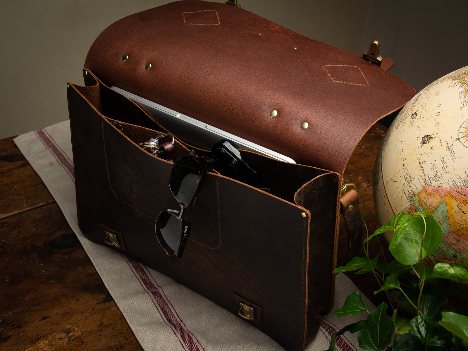 Inside of glengarry messenger bag in crazy horse leather