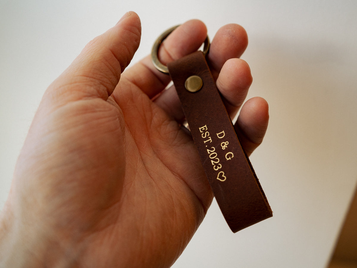 Custom made leather key loop with gold foil embossing