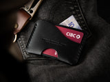 Aberdeen Leather Card Wallet - Black leather - Laying on a pair of Levi's denims 