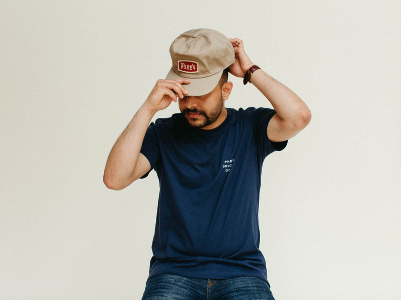 Phee's Gull Tee in navy blue cotton tee with small chest emblem screenprinted