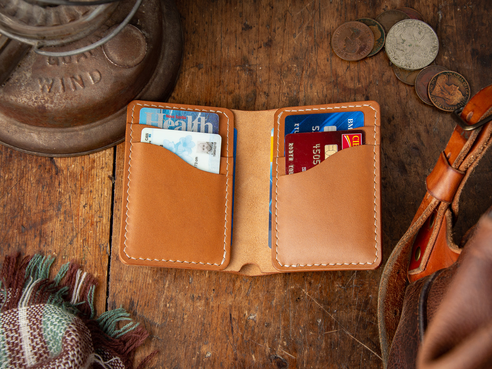 Inside view of tan full-grain leather Bateston wallet in tan colour