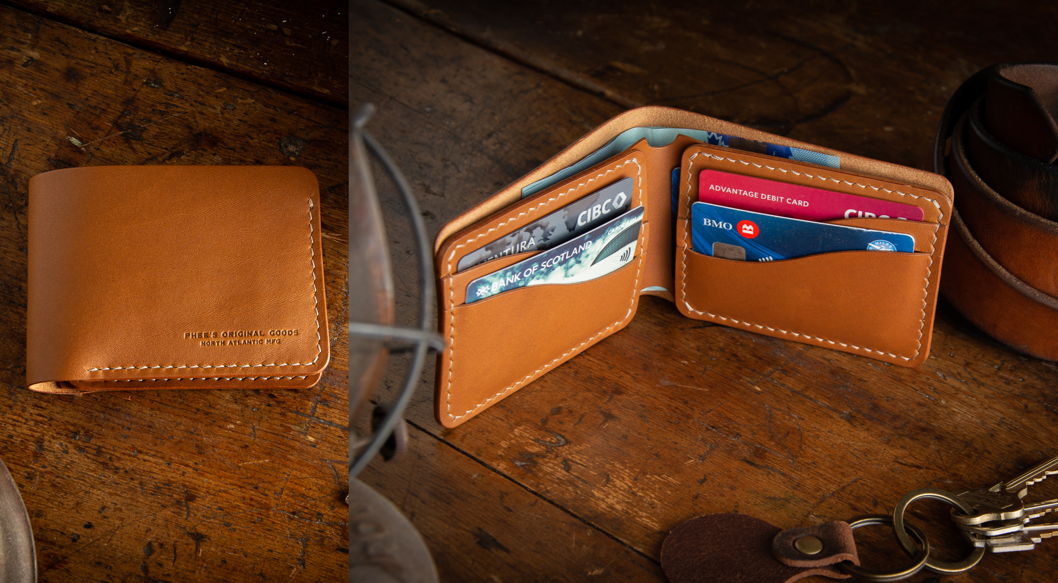 Two pictures side by side on a tan leather bucklaw bifold wallet sitting on an old table, full of cards and cash.