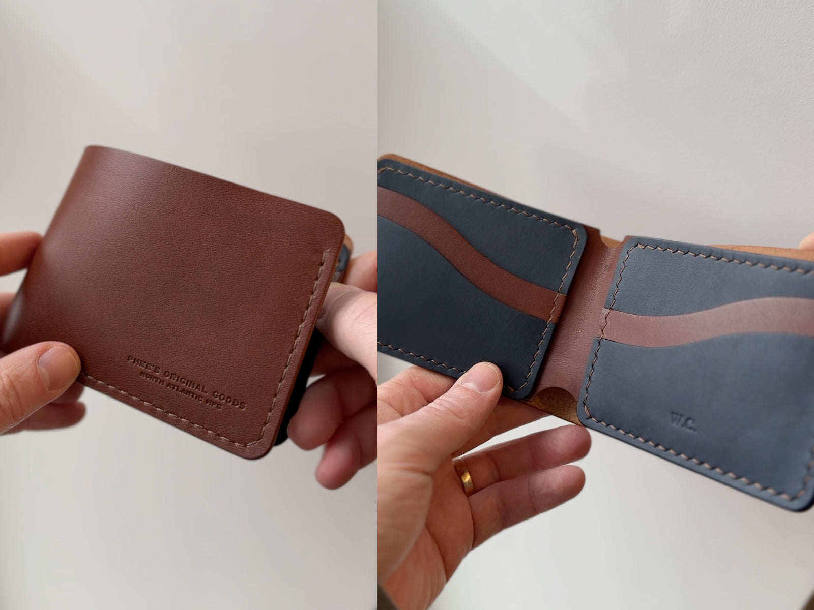 Build your own custom bucklaw wallet with brown and navy pockets