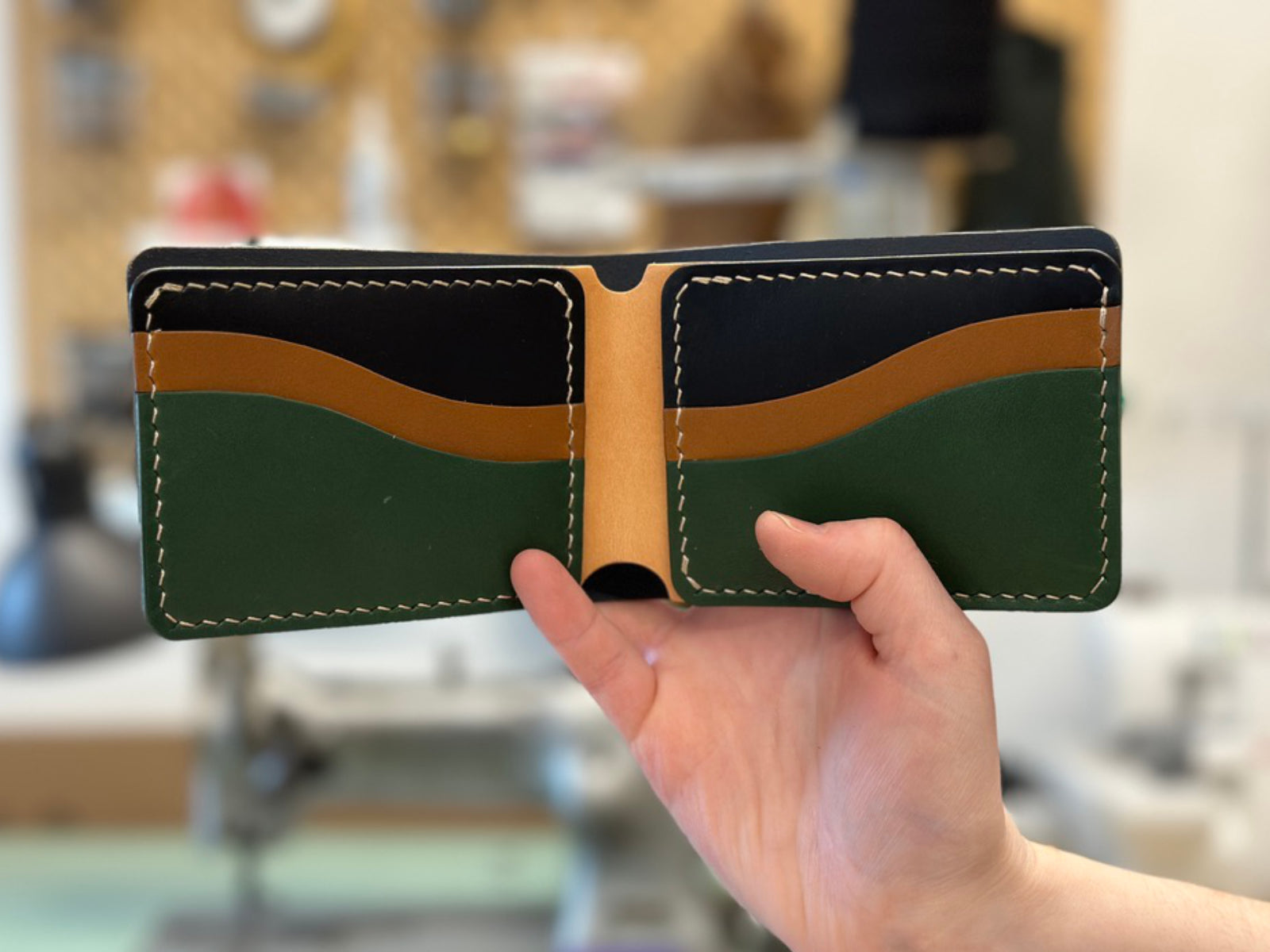 Custom build your own leather bucklaw wallet in pine, tan, black and russet