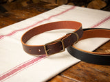 Brown full-grain leather with antique brass hardware