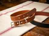 Tan leather dog collar with solid brass hardware sitting on a table