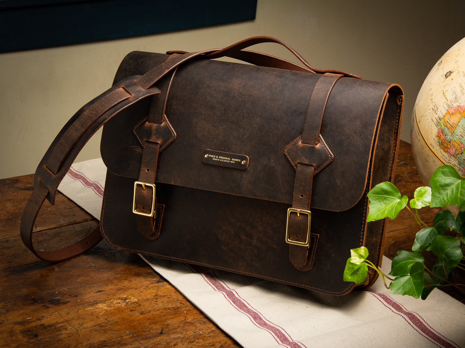 Glengarry messenger bag in crazy horse brown leather with brass hardware
