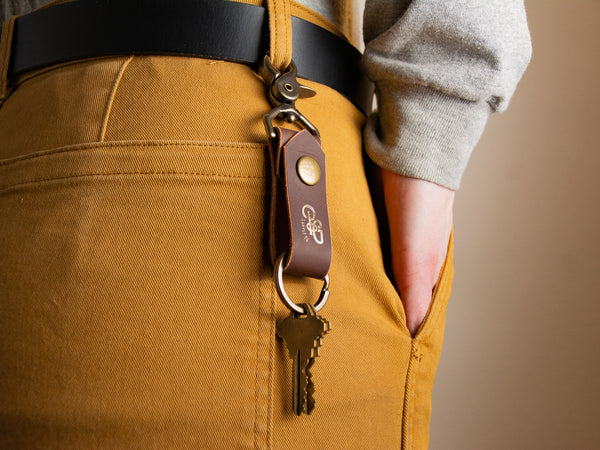 Brown leather Original Keychain hooked into belt loop