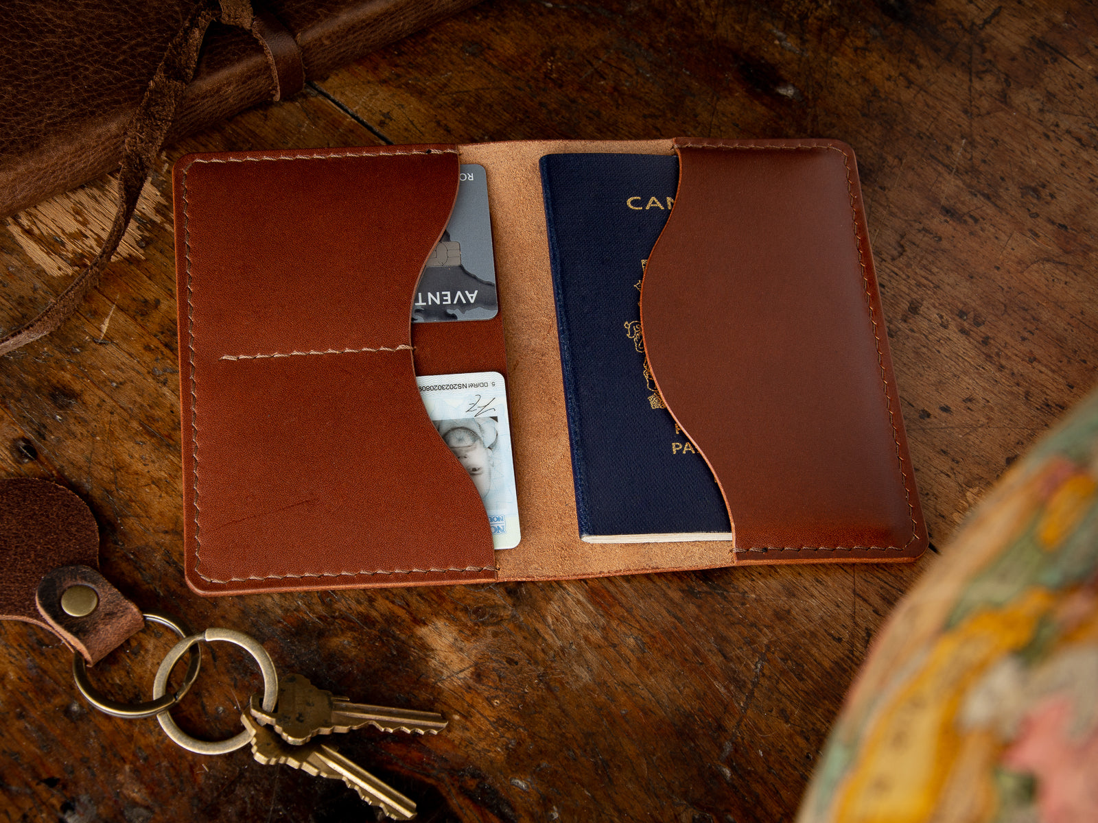 handmade leather passport wallet in brown
