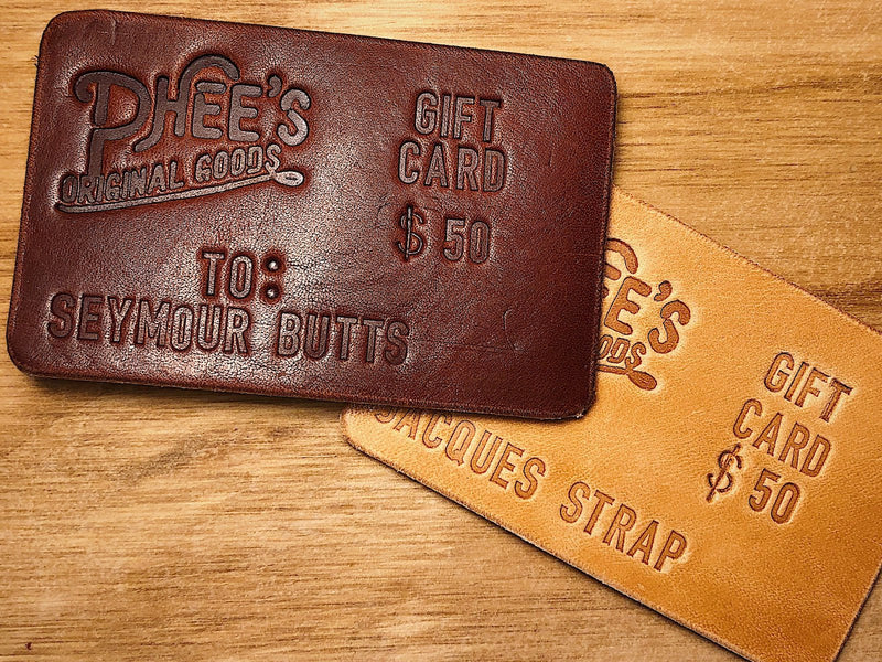 Leather gift cards, personalised with name and amount